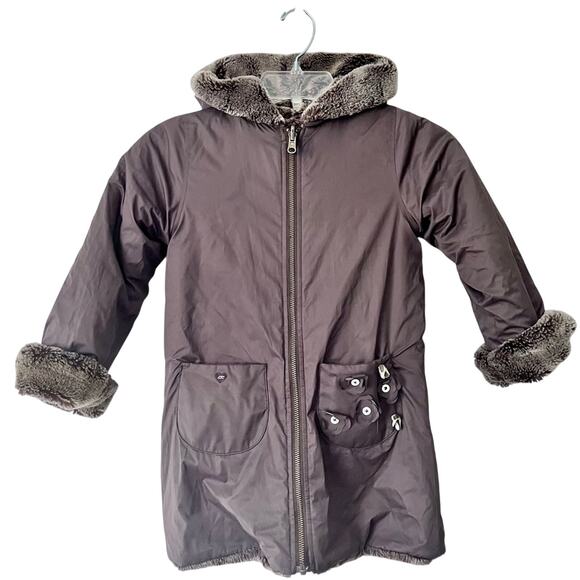 Lili Gaufrette girls long reversible winter coat faux fur jacket size 4 - Picture 1 of 11
